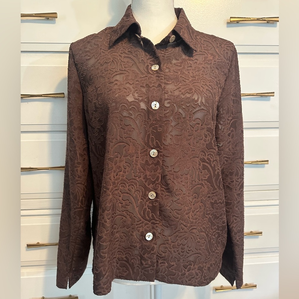 j.h. collectibles Women’s Lace Long Sleeve Button Blouse in Brown - Size M